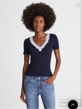 Madewell Navy Short Sleeve V-Neck Top with White Lace Trim